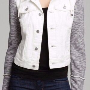 Free People Distressed Knit / Denim Jacket, Gray / White Jean, Medium